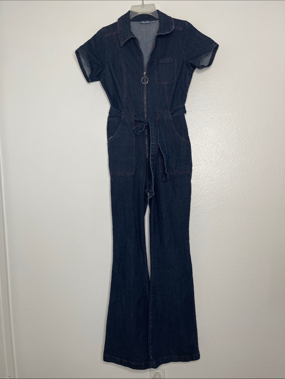 Modcloth Stretch Denim Short Sleeve Flare Bottom Red Striching Jumpsuit Size Sm